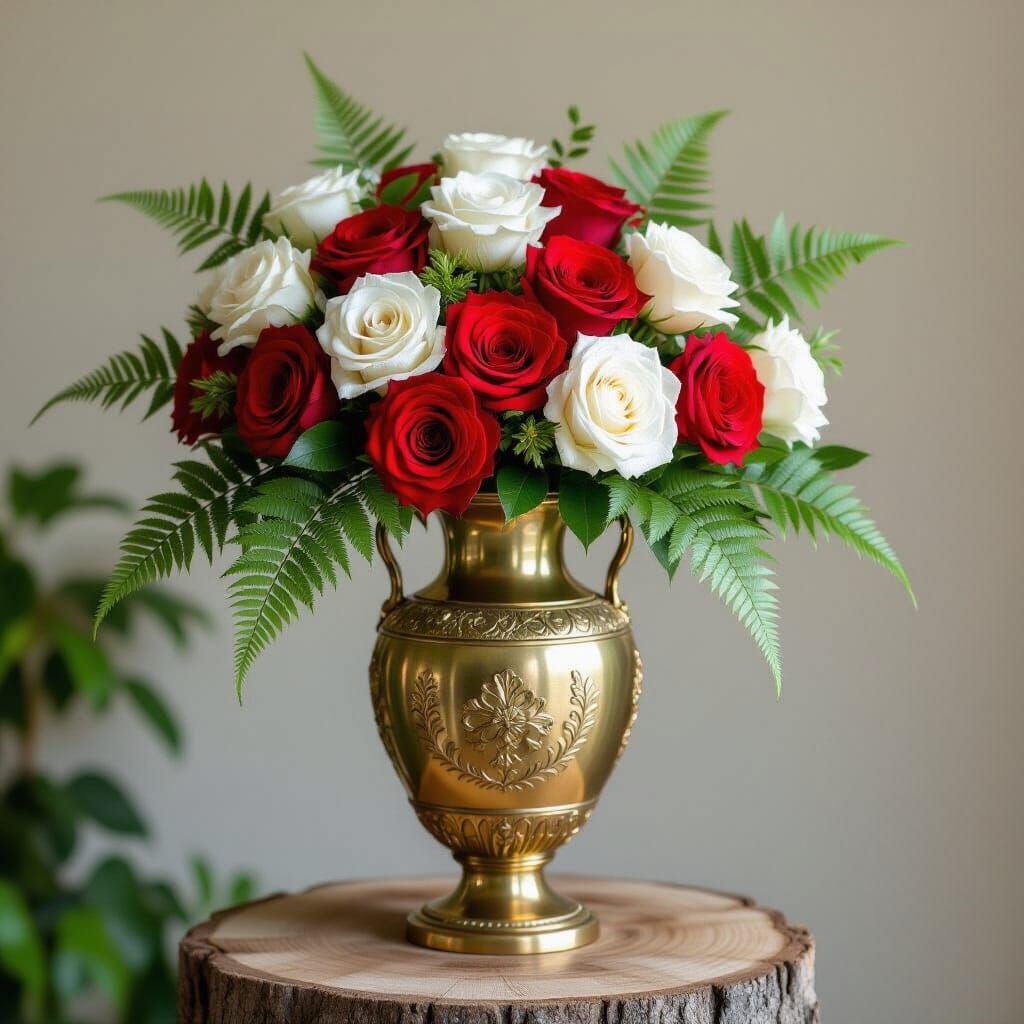 Brass Vase with Roses on Tree Stump
