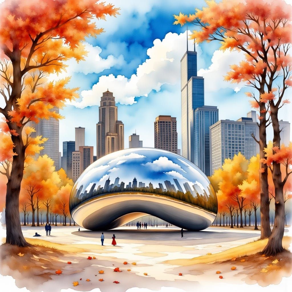 Autumn Watercolor of Chicago Bean in Millennium Park