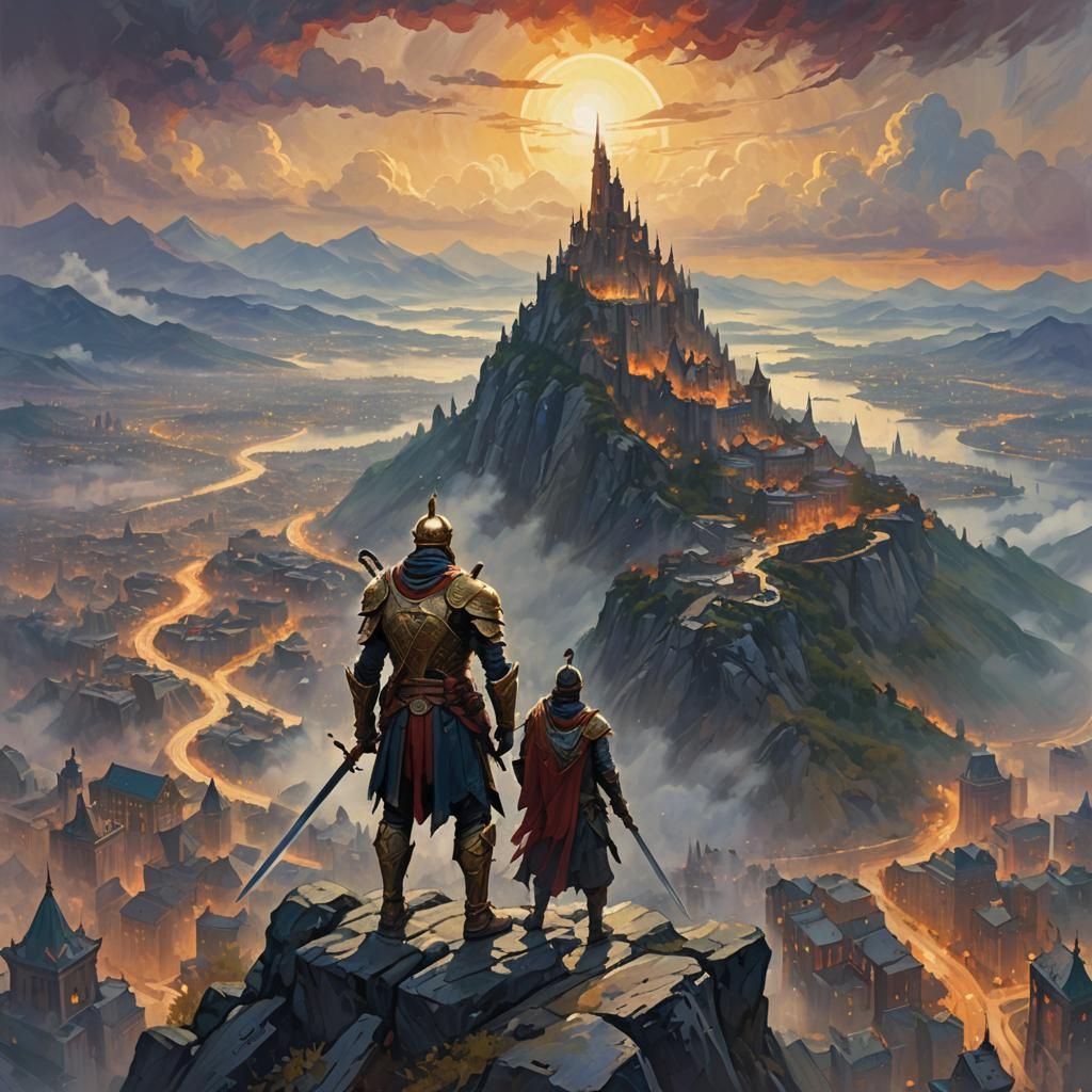 Warrior on Misty Peak: Fauvist Fantasy Art