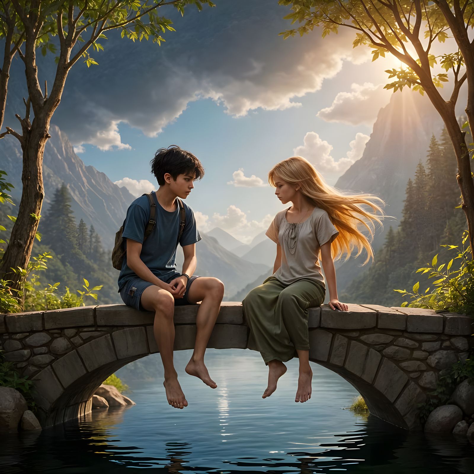 Ethereal Scene: Teens Fishing on Bridge