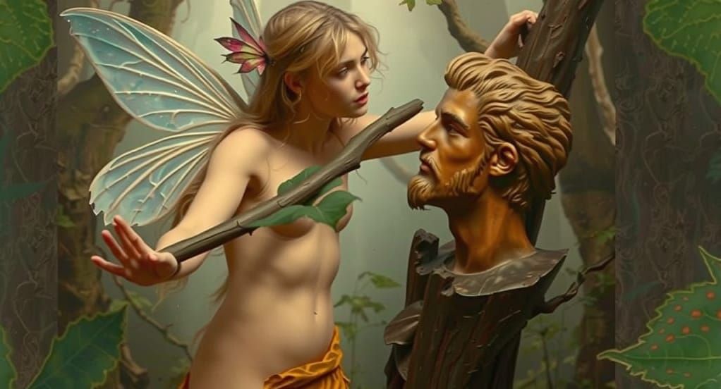 Blond Fairy Woman in Forest with Wooden Statue