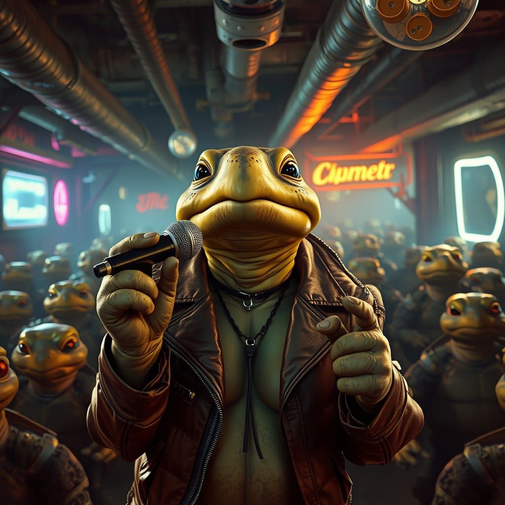 A female turtle singing karaoke in a bar full of turtles. Gr...
