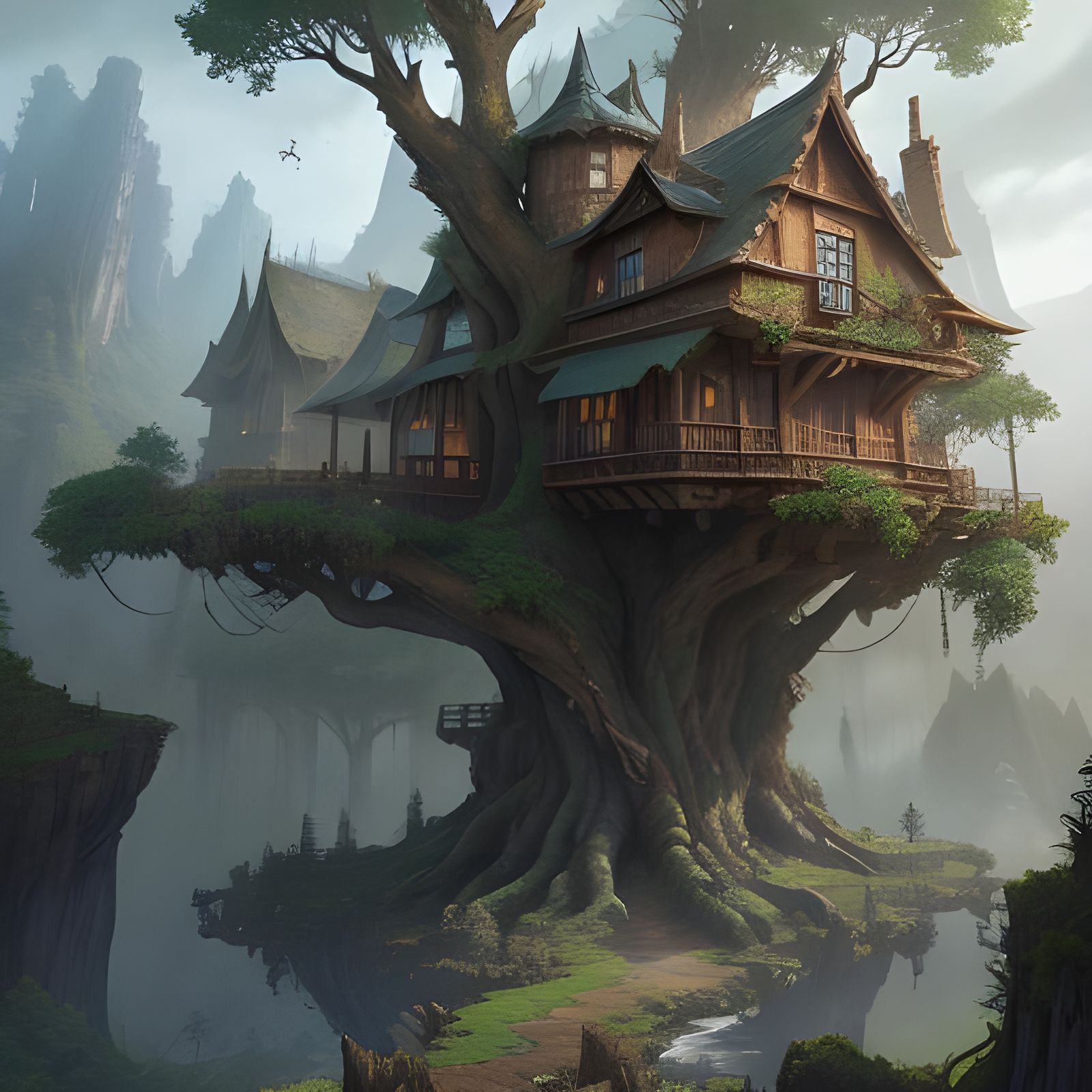 Fantastical Treehouses in Detailed Matte Painting Style