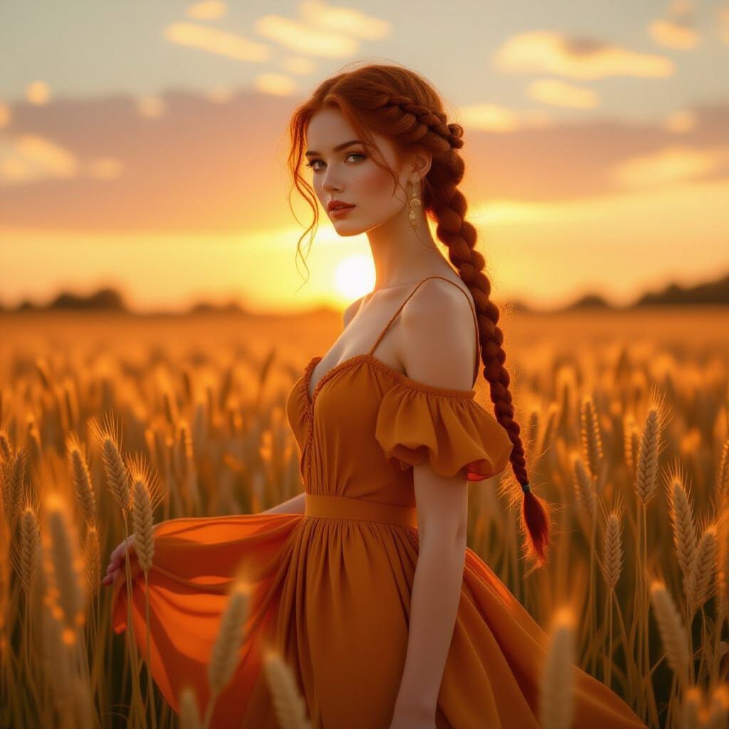 Woman in Wheat Field at Sunset, Photorealistic Detail