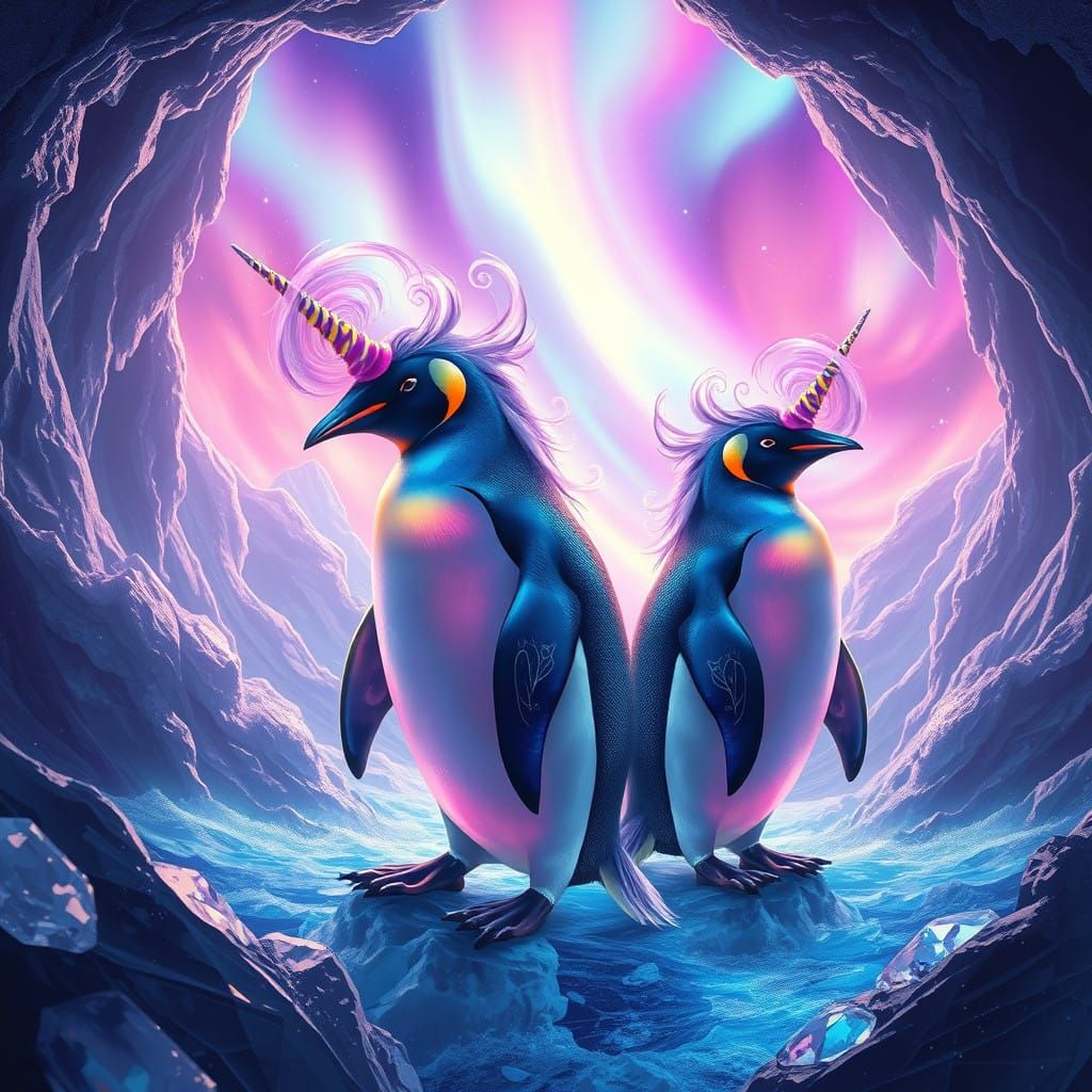 Surreal Penguin Unicorn Hybrid in Vibrant, Iridescent Beauty