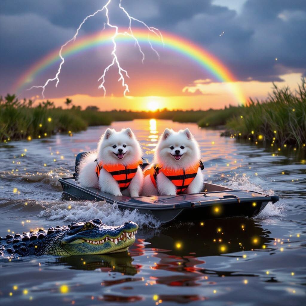 Pomeranians in Life Jackets on Everglades Airboat with Gator...