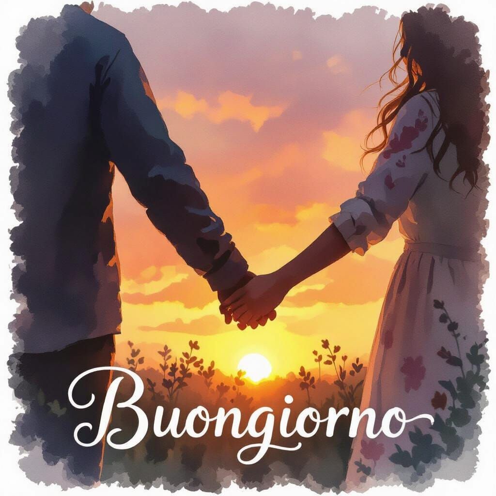 Couple's Sunrise with 'Buongiorno' in Watercolor Style