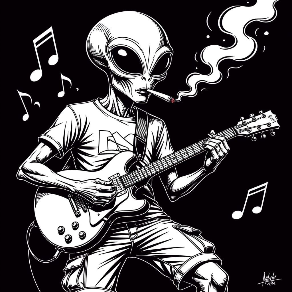 Black and White Line Art Alien Jamming on Guitar