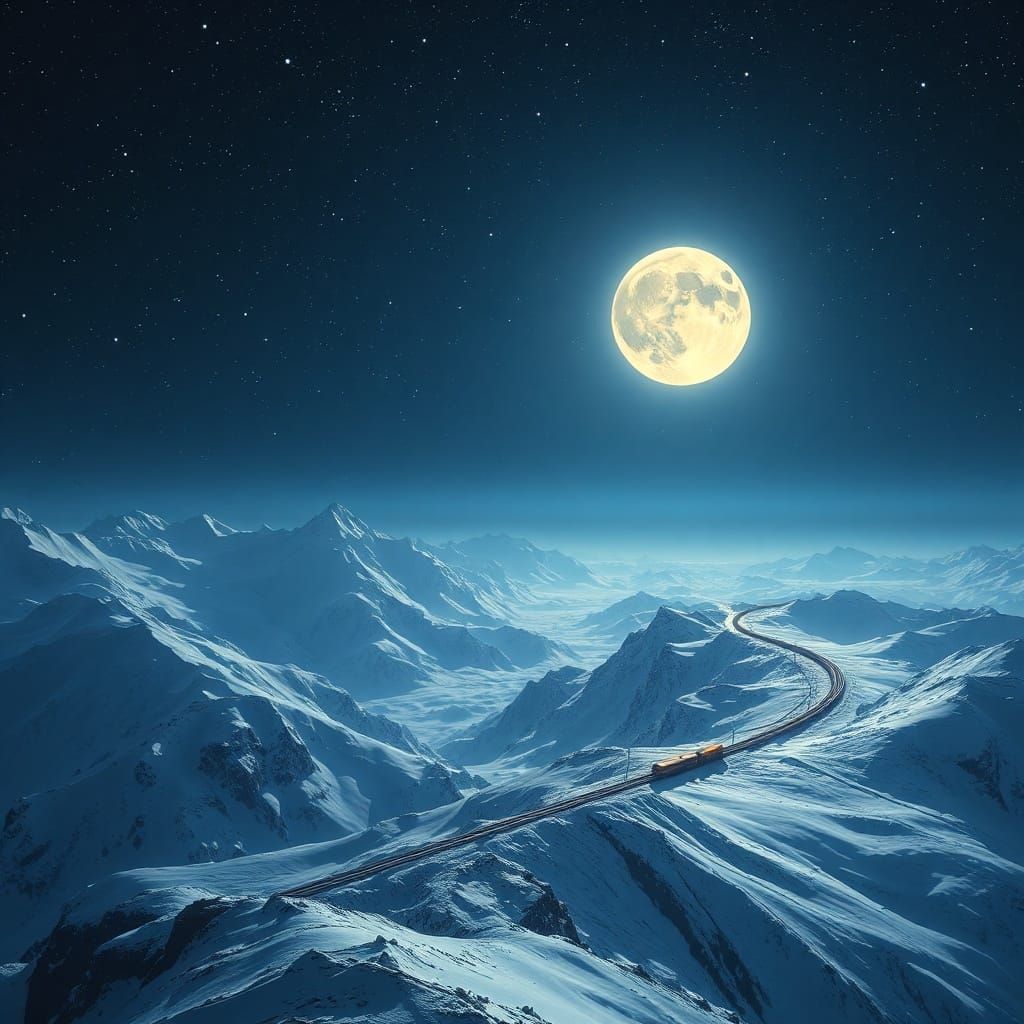 Snowy Mountains Under Full Moon With Starry Sky and Train