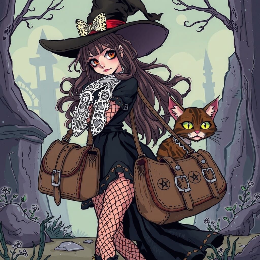 Emo Goth Witch Transports Mystical Treasures in Whimsical At...