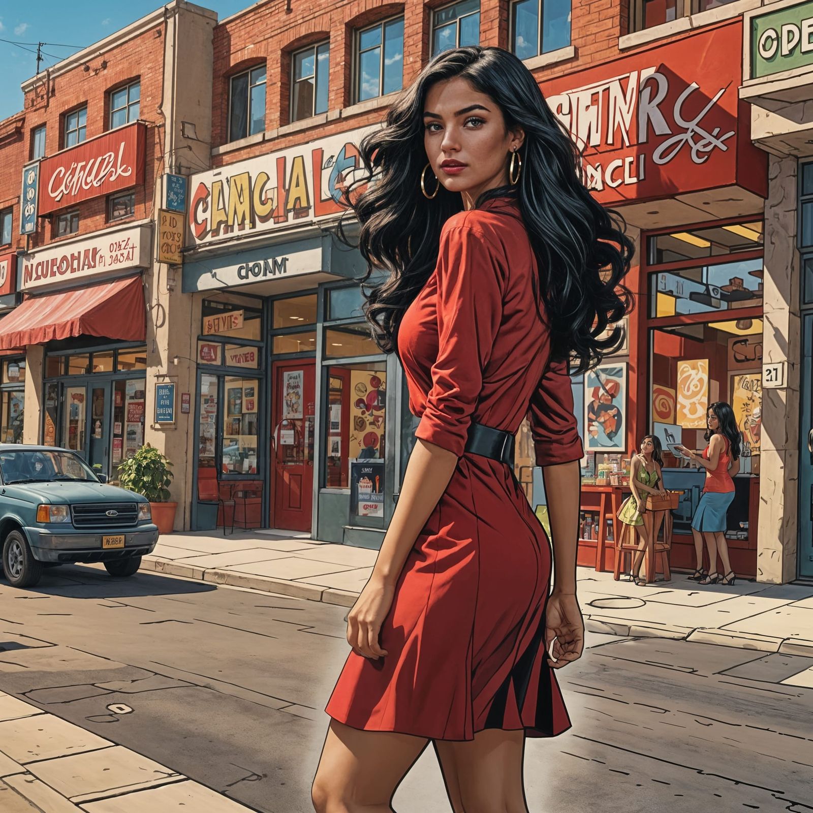 Latina Woman Posing in Kansas Town, Graphic Novel Style