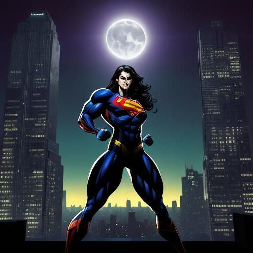 Superheroine Bodybuilder Overlooking Noir Cityscape