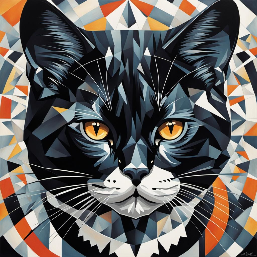 La obra, en el estilo característico de Greg Rutkowski, presenta un llamativo gato negro con un distintivo color blanco ...