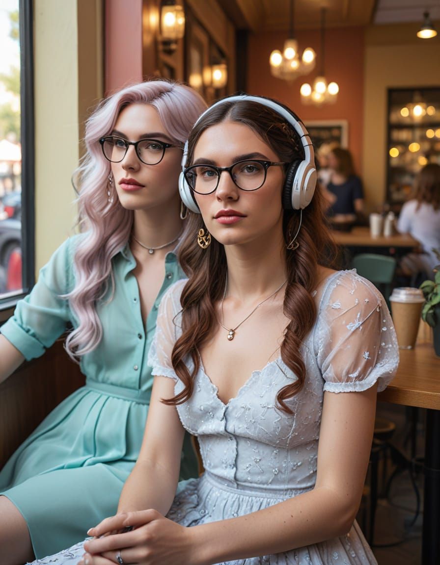 Transgender Individuals Enjoying Cafe in Cute Glasses and He...