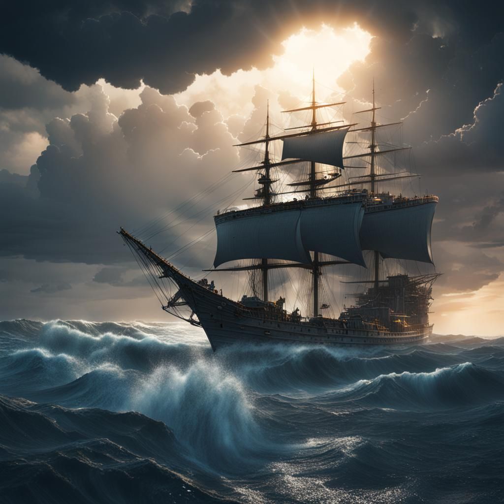 Sunlight Pierces Stormy Ocean: Detailed Matte Painting