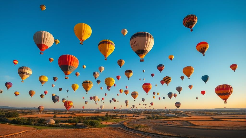 Hot Air Balloons Soar Over a Peaceful Rural Landscape