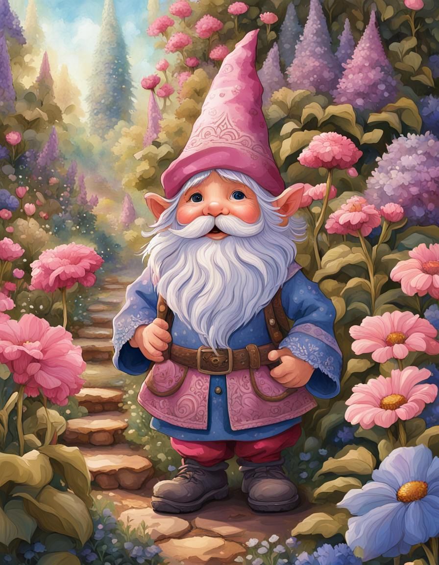 Charming Gnome in a Lush Garden, Fantasy Art