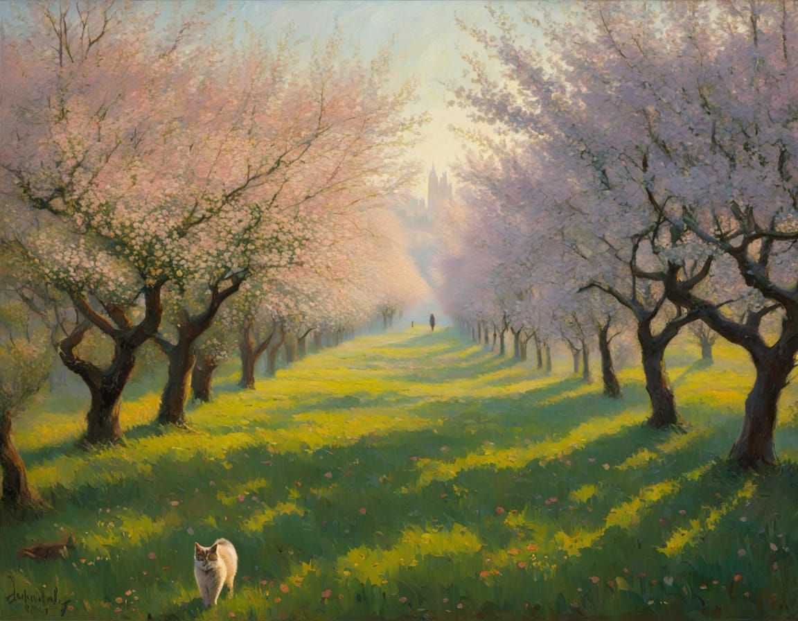 Surreal Morning in a Pink Apple Orchard