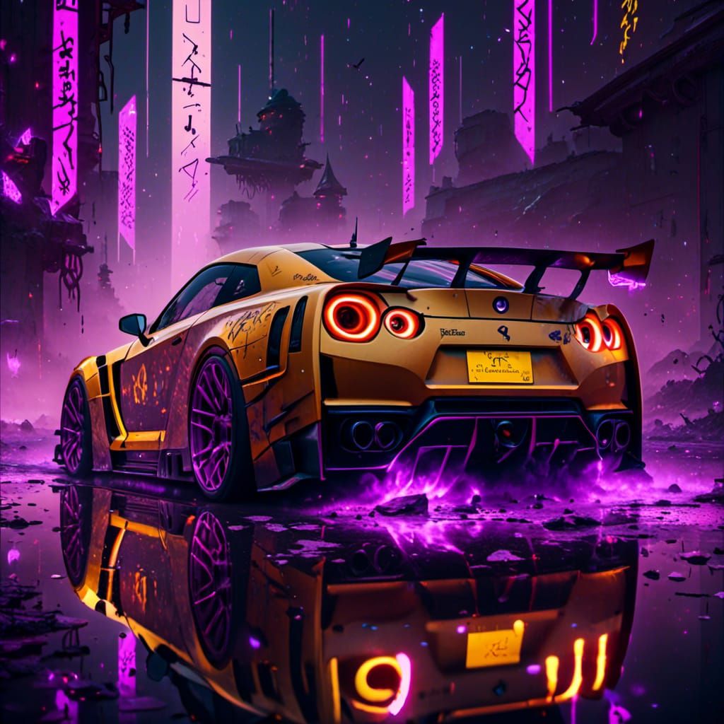 Glowing Runes Adorn Nissan GTR in Dark Fantasy Art