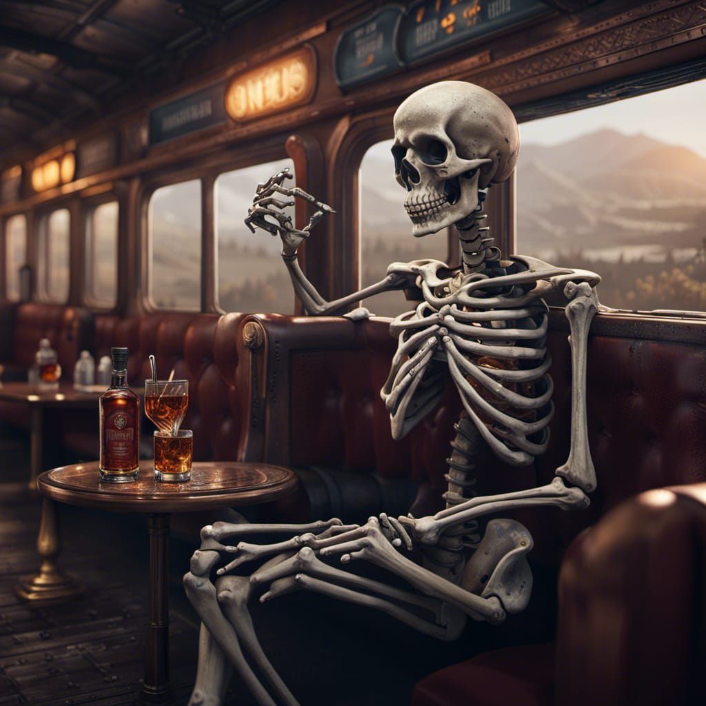 Skeleton on Train with Bourbon, Detailed Matte Painting