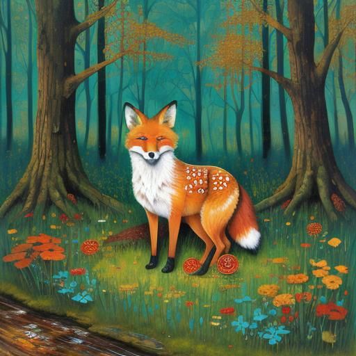 Autumn Fox in Forest, Klimt-Inspired Mixed Media