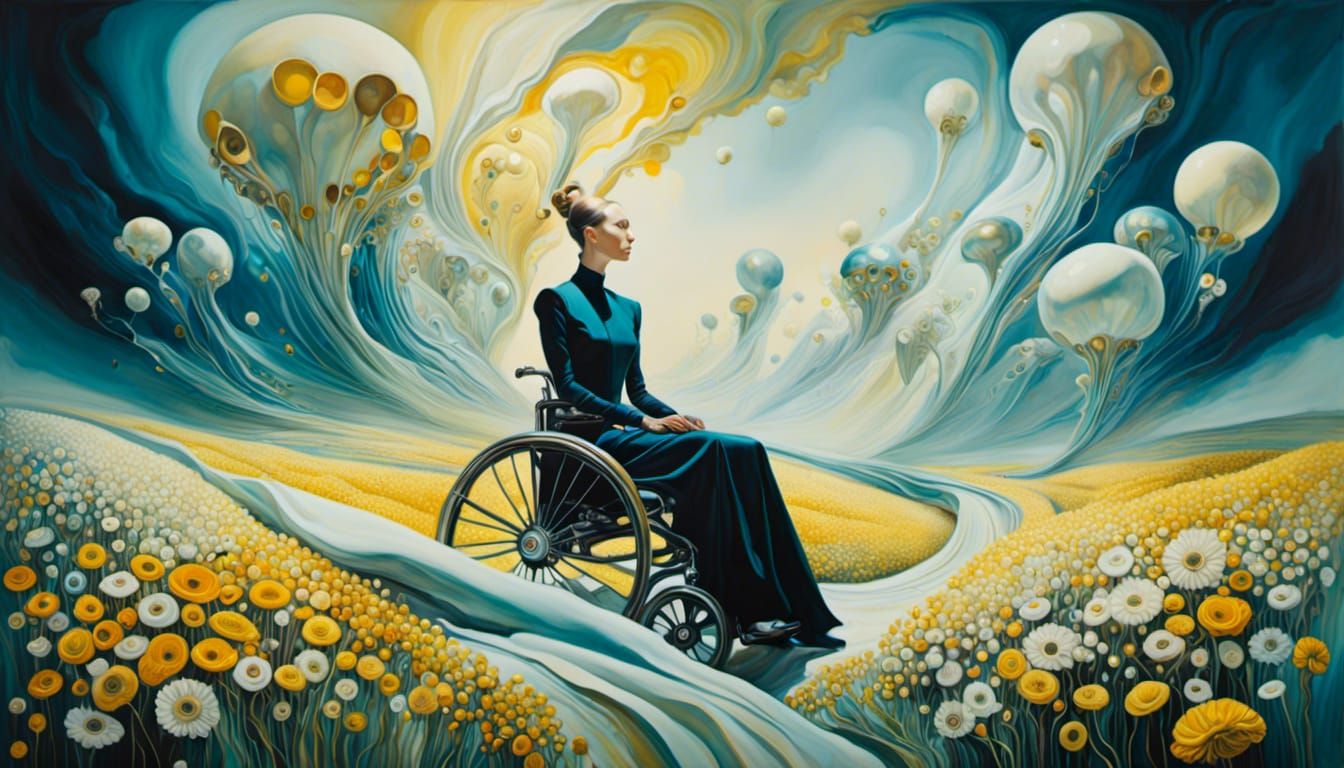 Surreal Woman in Wheelchair Amidst Melting Flowers