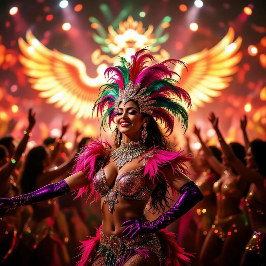 Ecstatic Samba Dancer in Fuchsia and Emerald Costume