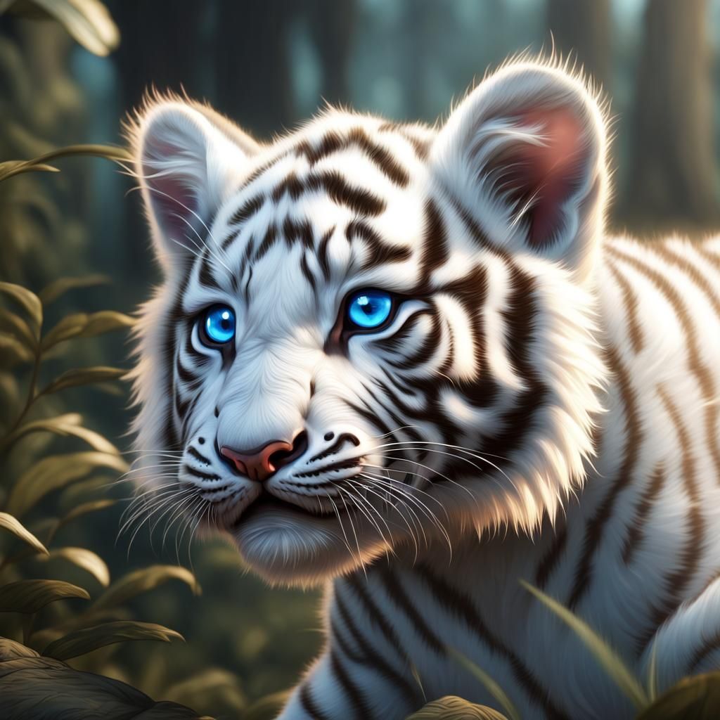 Blue-Eyed White Tiger Cub: Detailed Fantasy Art