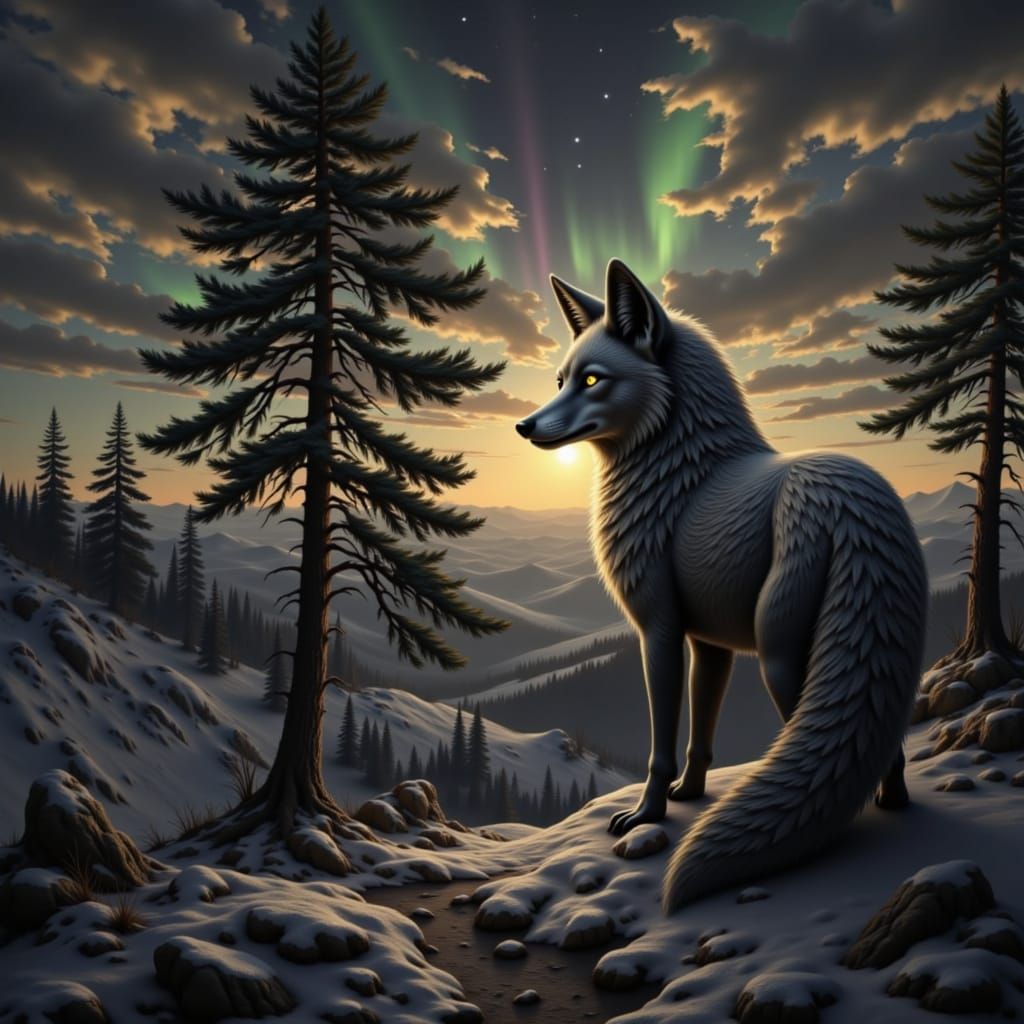 Arctic Fox Under Aurora Borealis on Snowy Precipice