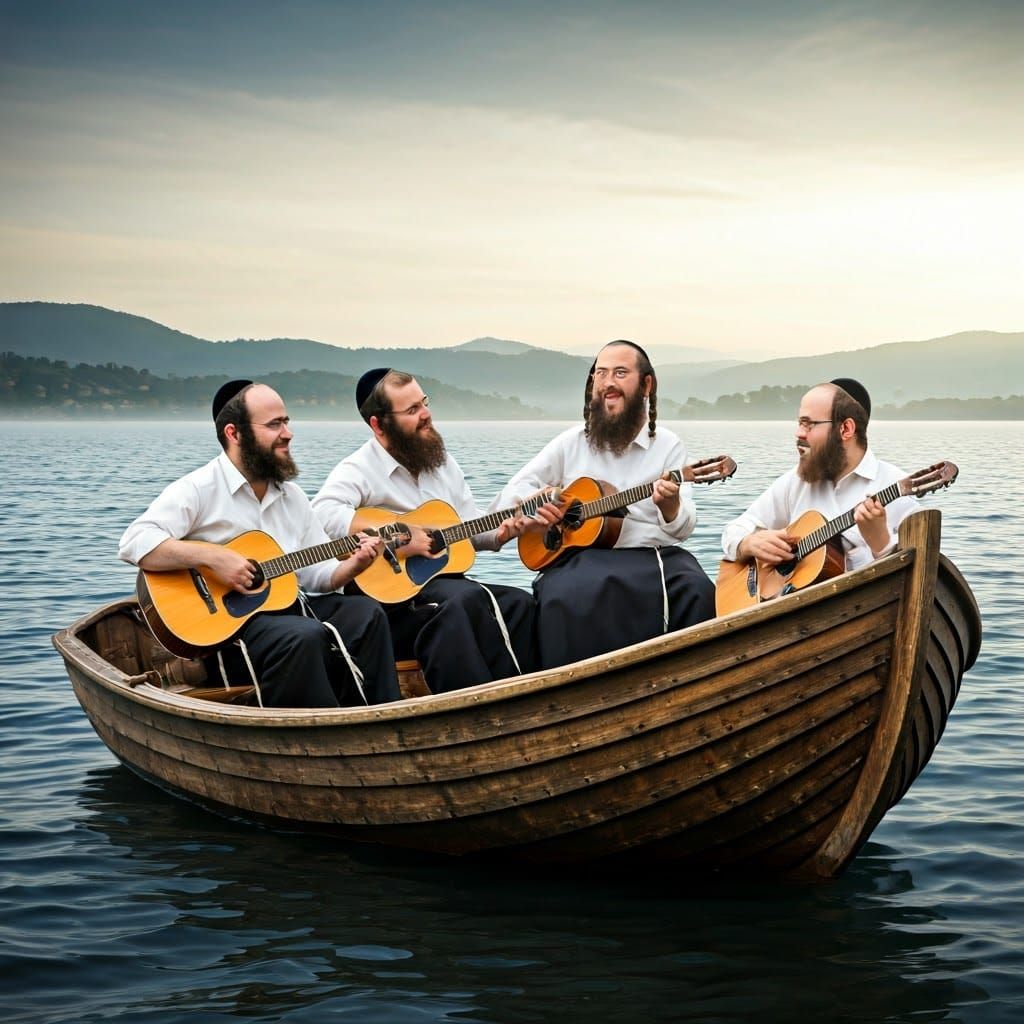 Orthodox Jewish Men Play Guitars in Ornate Boat