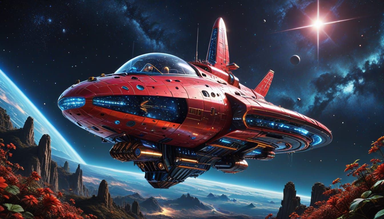 Vibrant Pop Art Space Castle Starship in Whimsical Strawberr...