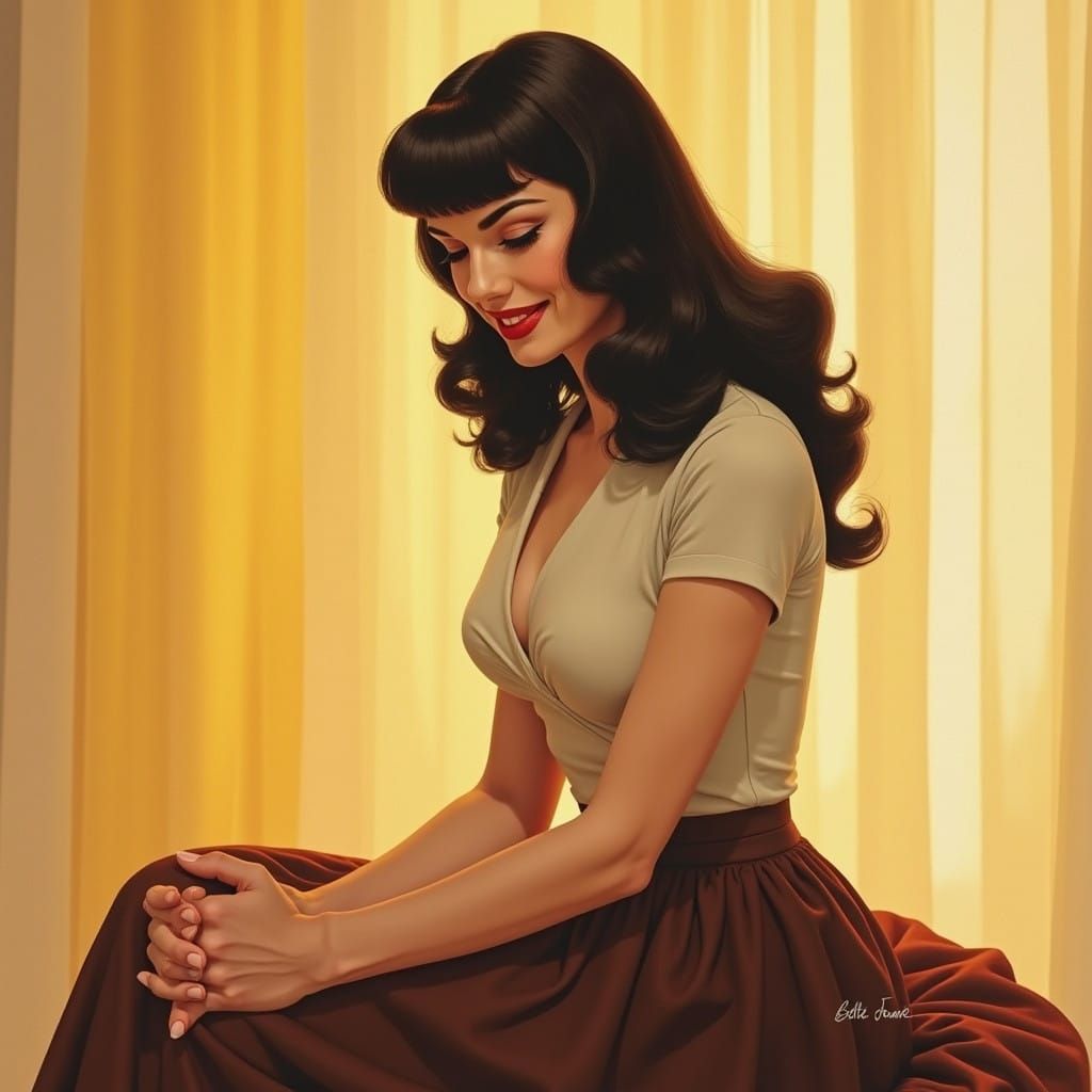 Bettie Page In The Style Of Bunny Yeagar, A serene and elega...