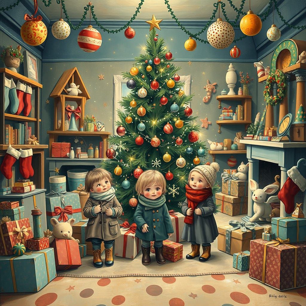 Majestic Christmas Scene with Three Children and Whimsical D...