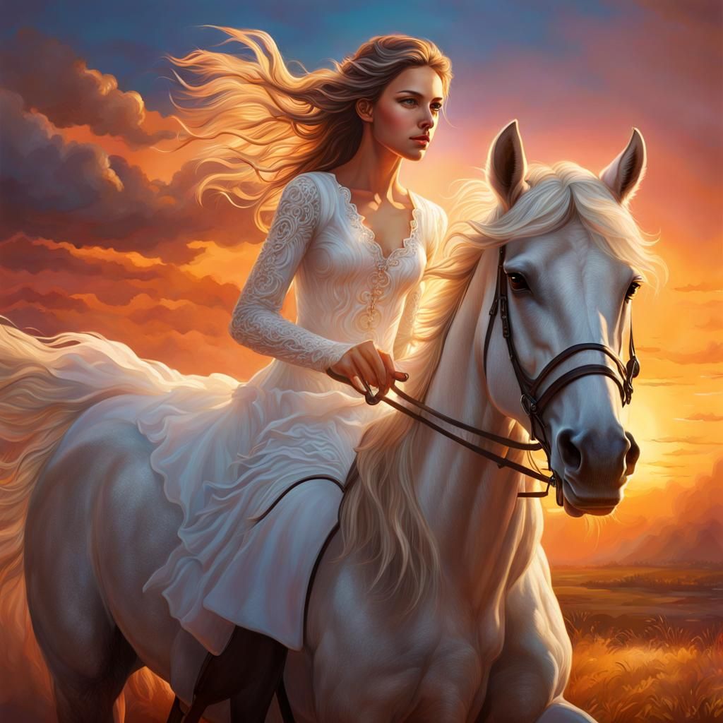 Girl on Horseback at Sunset: Hyperrealistic Splash Art