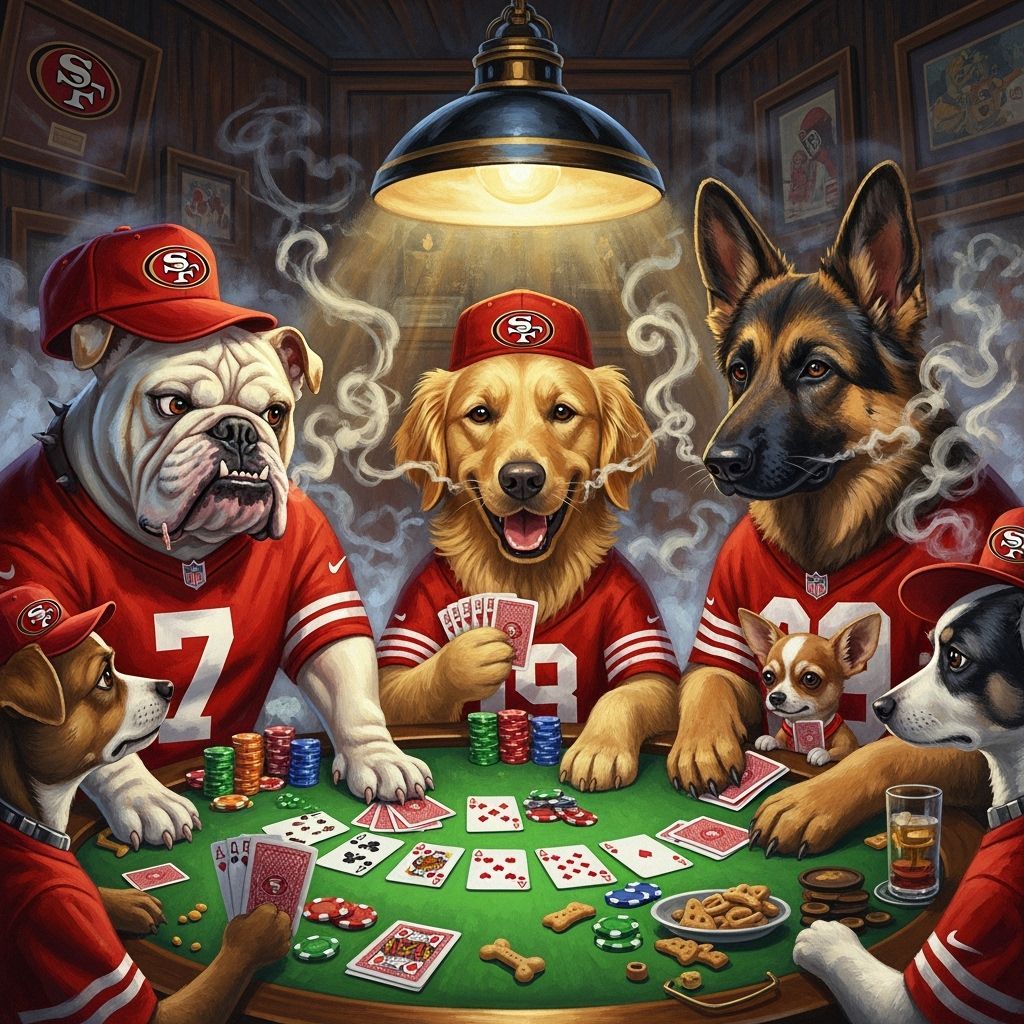 Dogs Playing Poker in 49ers Gear, Comic Book Style