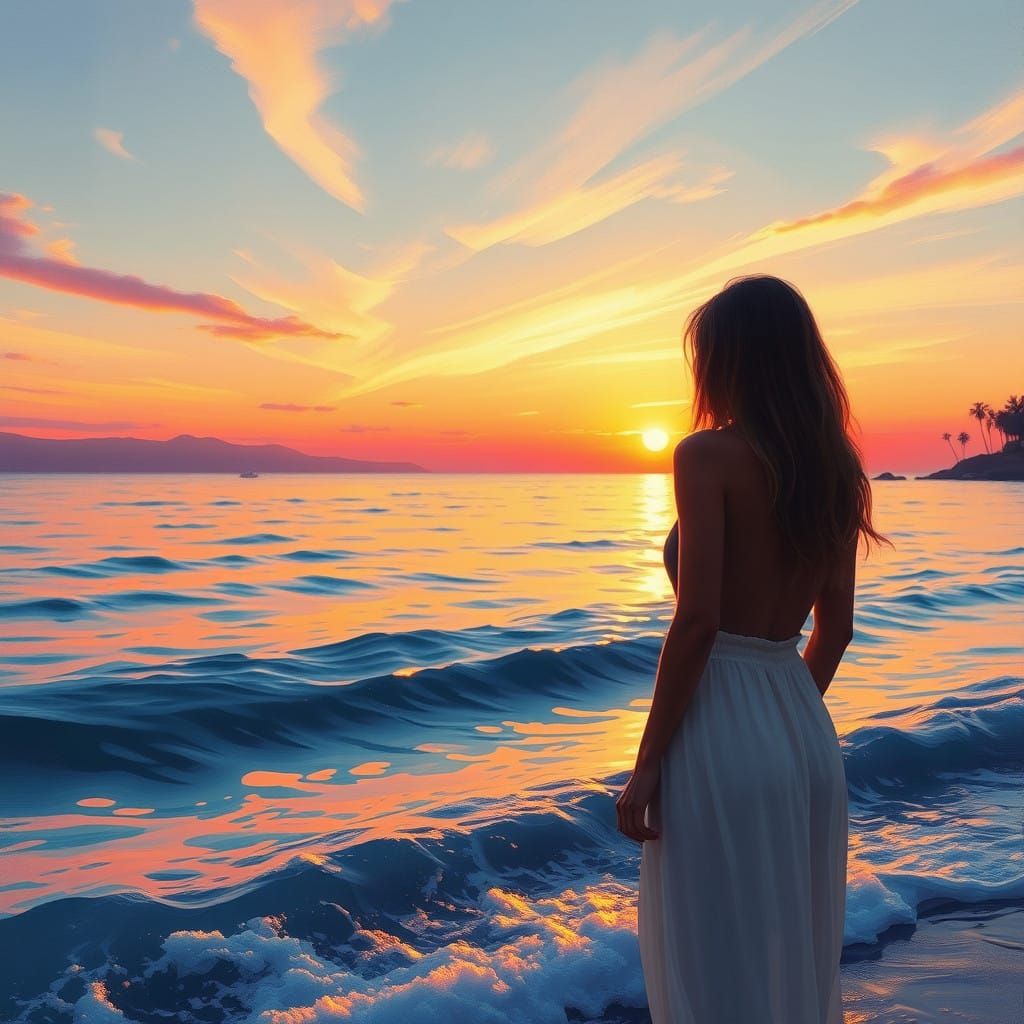 Golden Sunset over Tranquil Ocean in Dreamy Impressionist St...