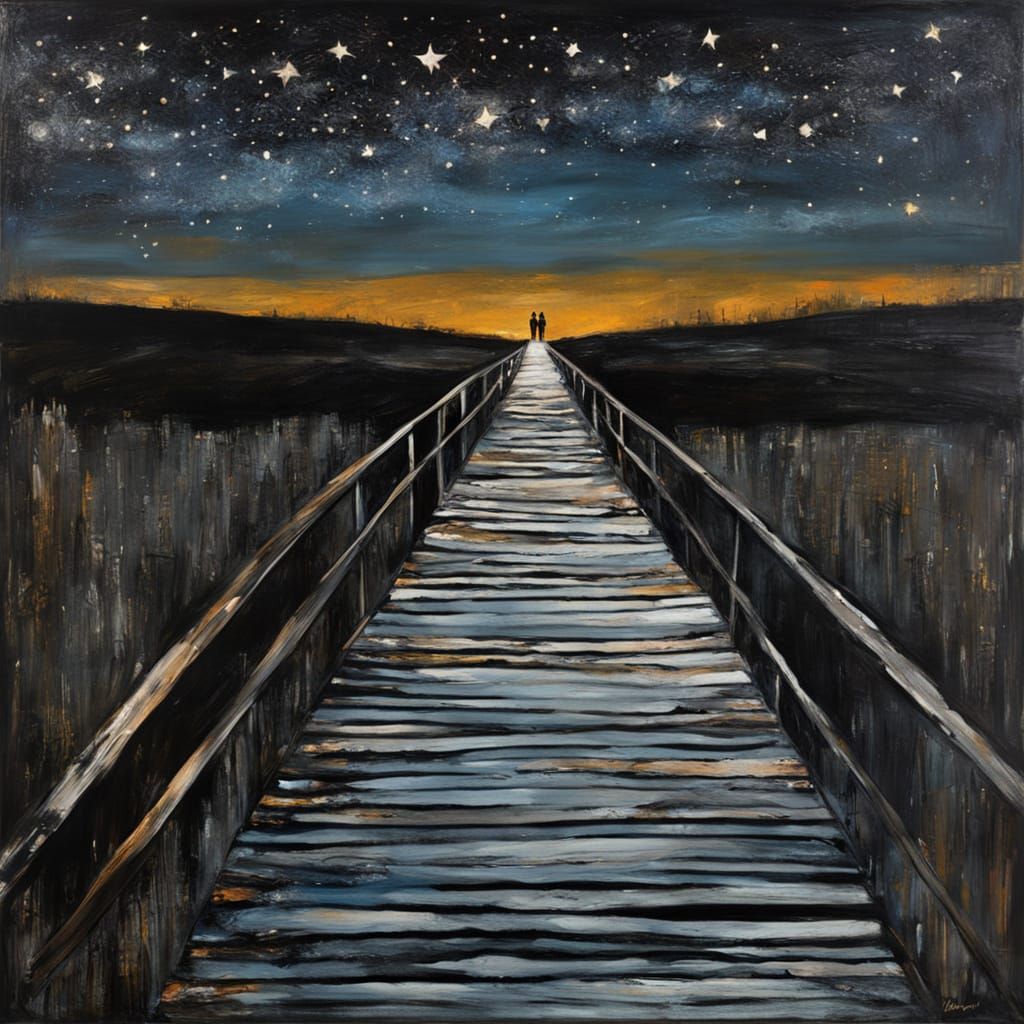 Wooden Bridge Under Starlight Reflection in Bold Oil Paintin...