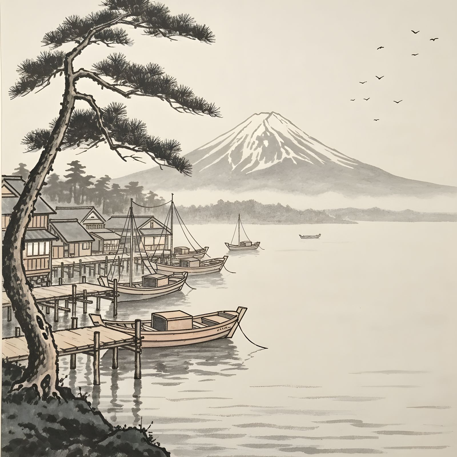 Sumi-e Fishing Village Harbor Under Mount Fuji