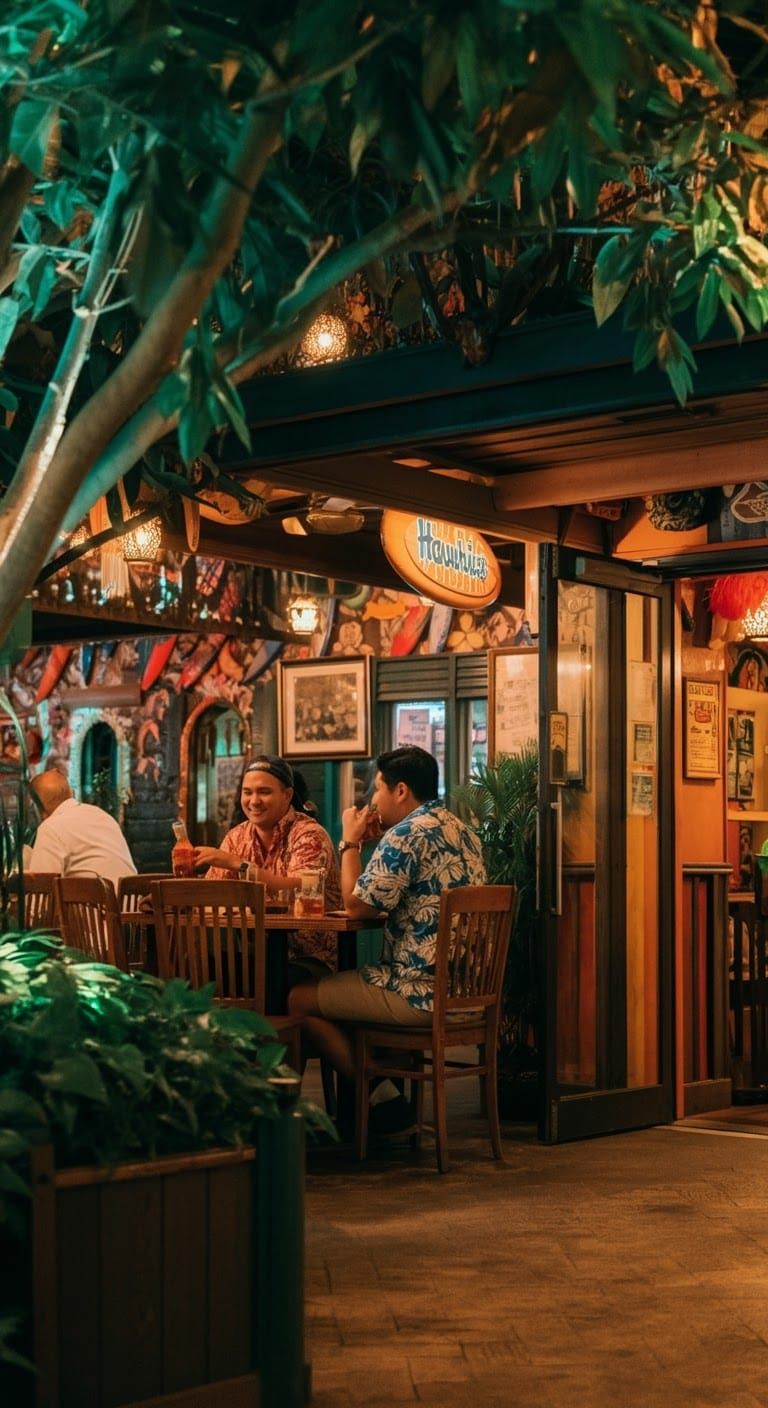 People dining in a cozy, tropical-themed restaurant with lus...