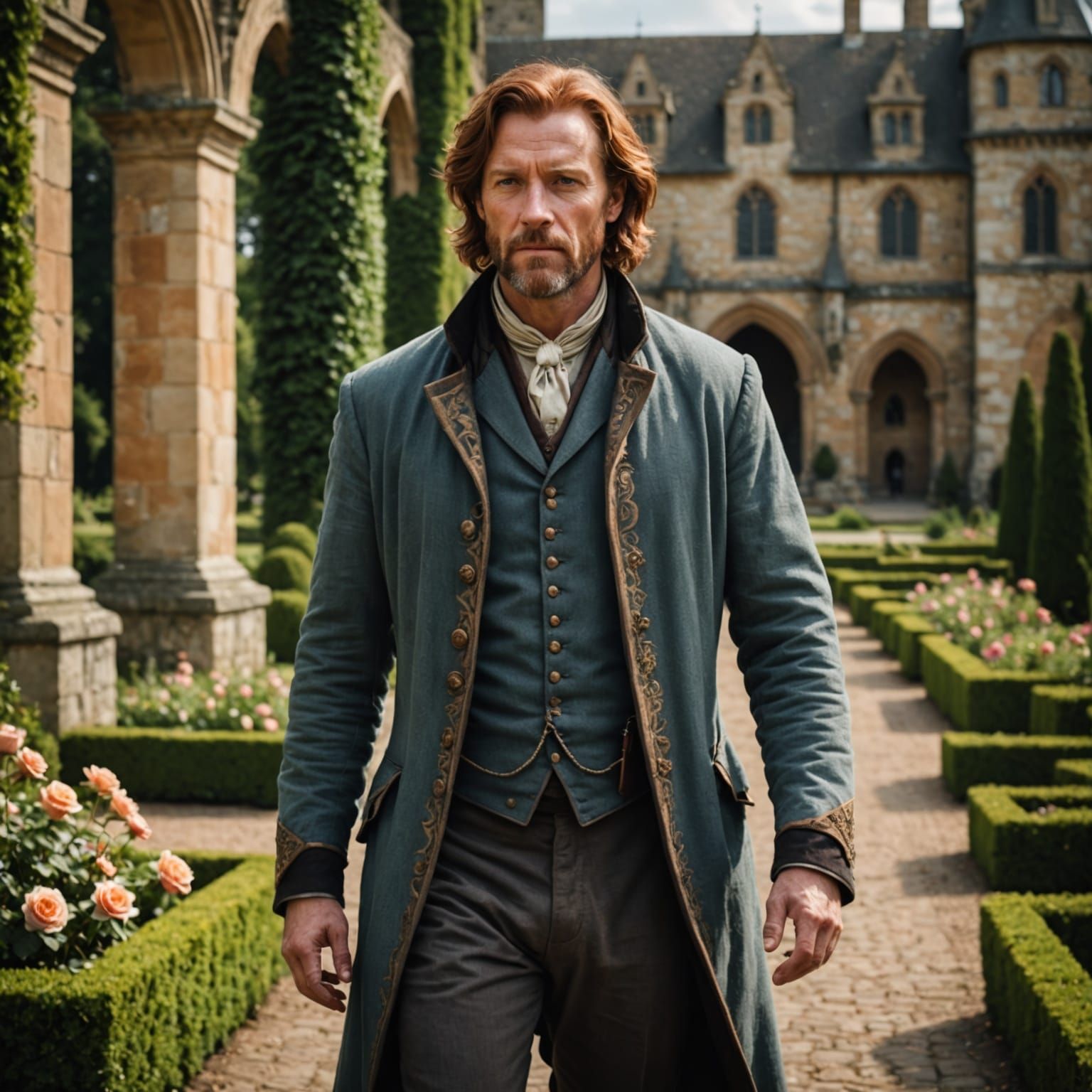 Medieval Man in Rose Garden: Professional Photography