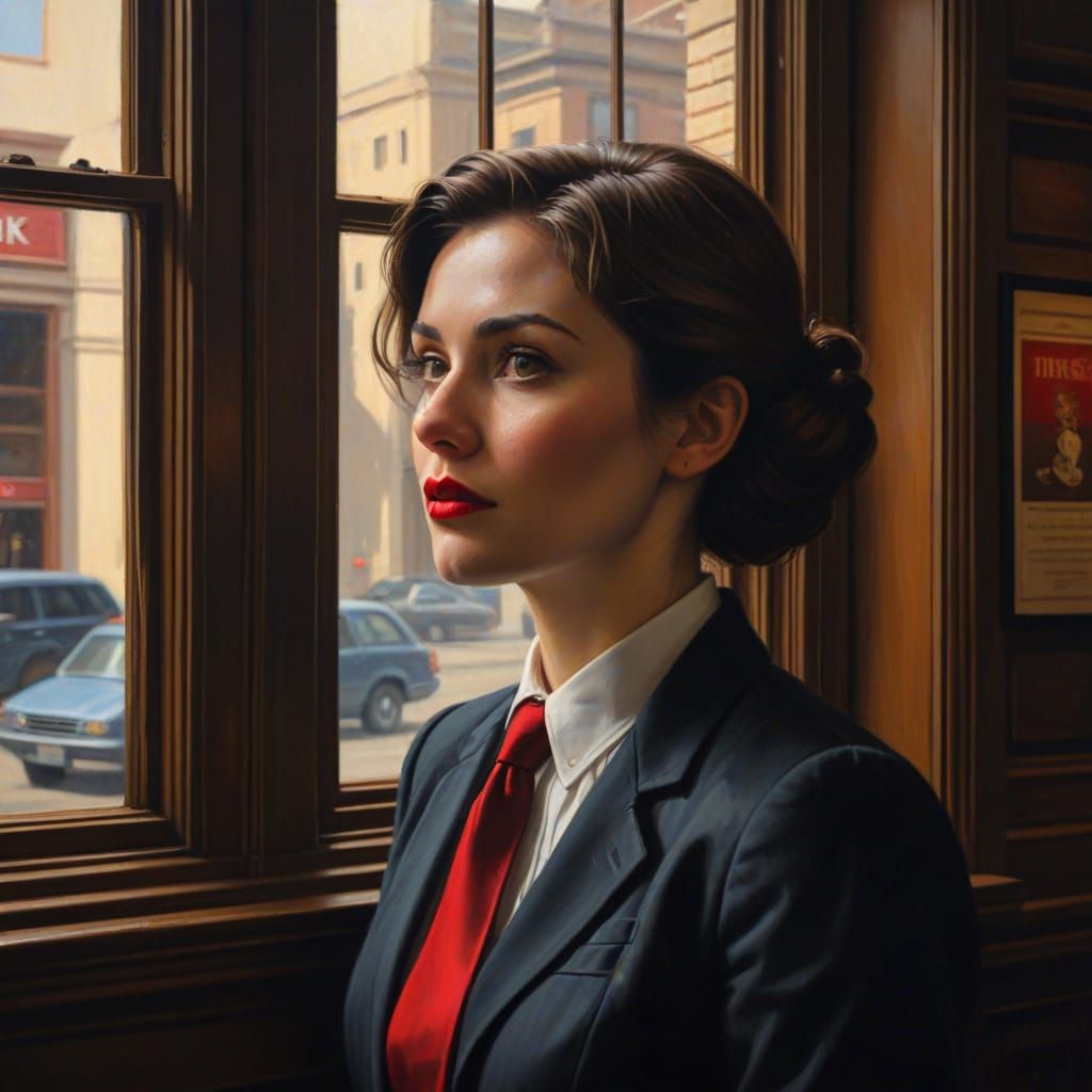 Elegant Bank Teller in Warm, Inviting Light