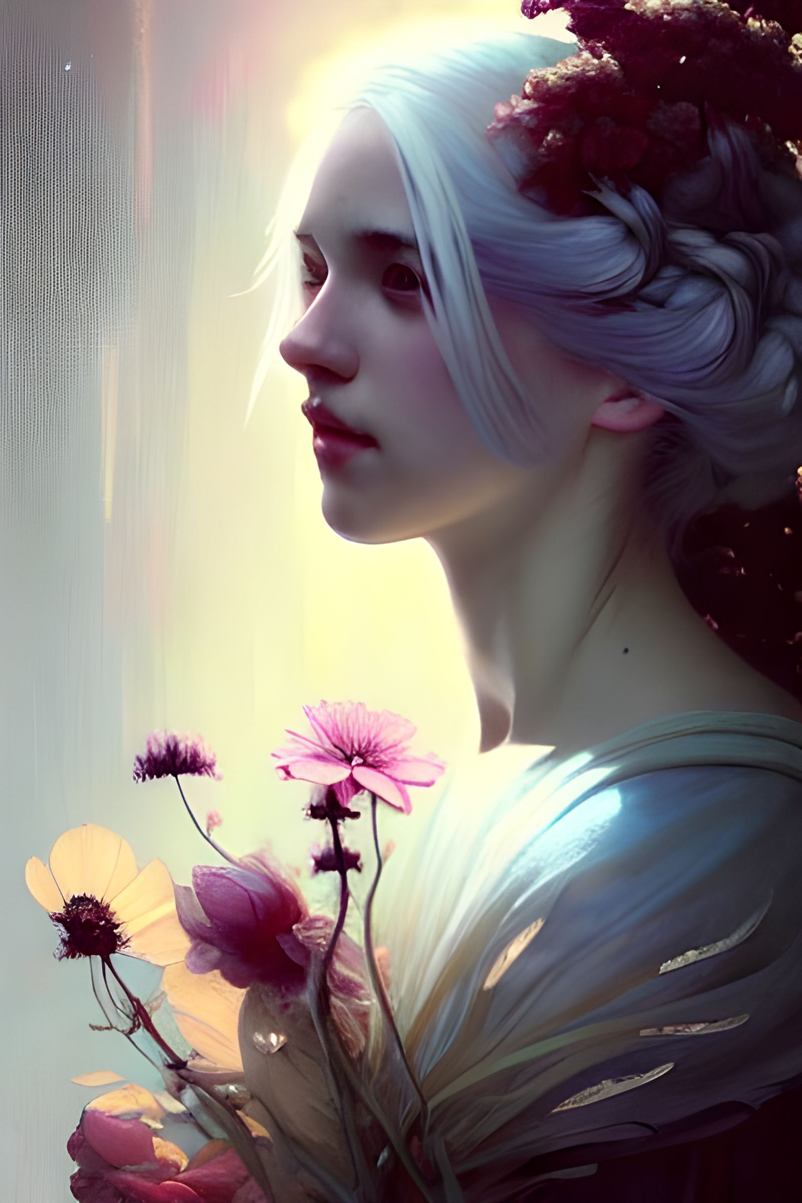 Delicate Portrait of Girl with Flowers in Art Nouveau Style