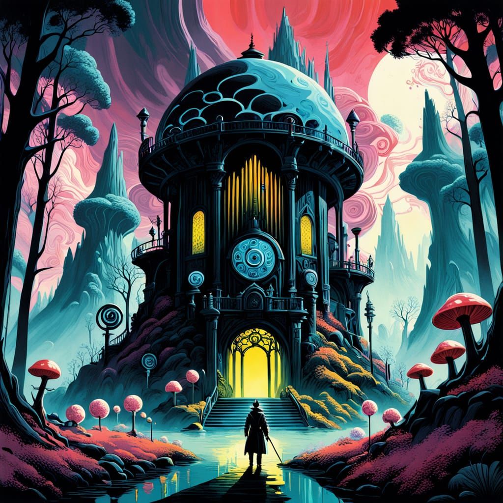 Giant Candy Clockwork Guardian in Neon Licorice Sky