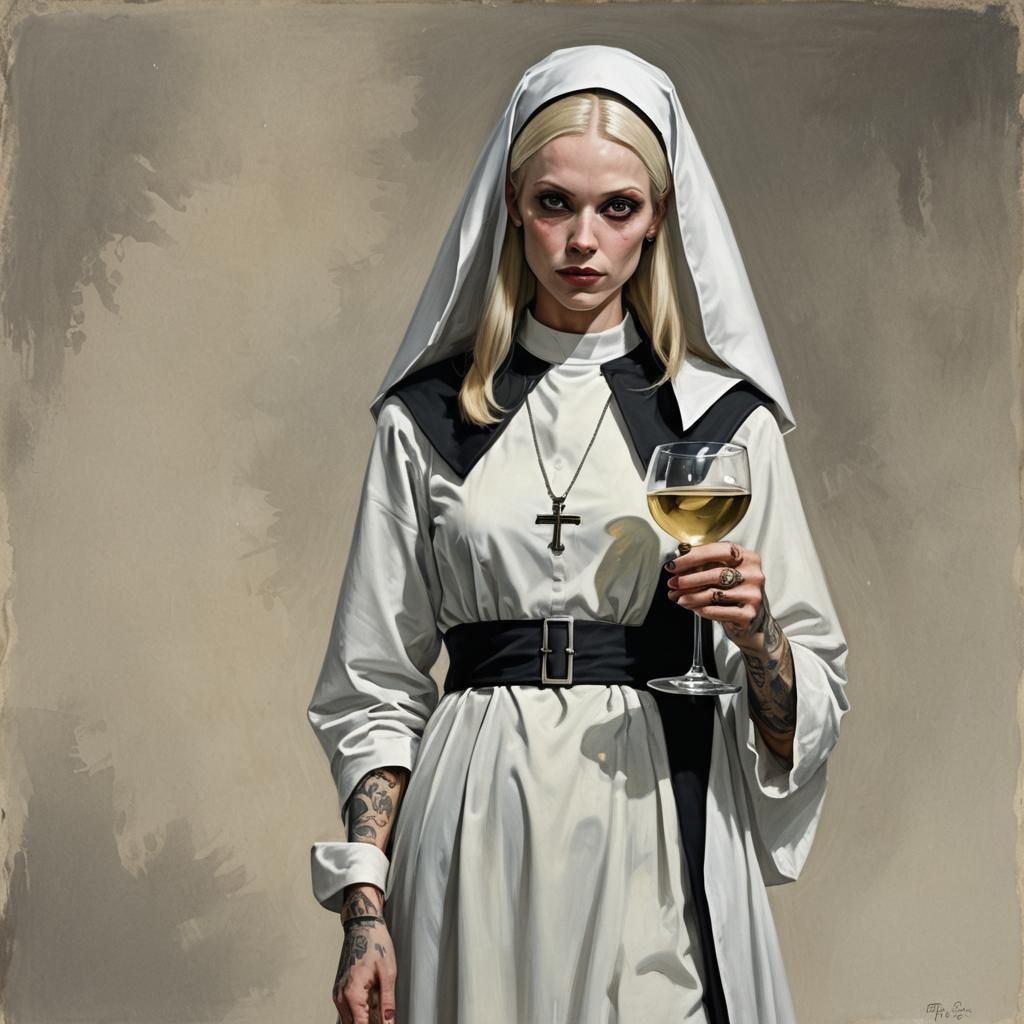 Sinister Nun with Wine: Digital Art Portrait