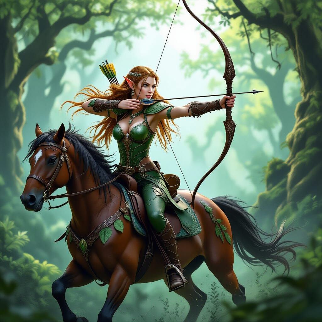Elf Archer in Mystical Forest, Epic Fantasy Scene