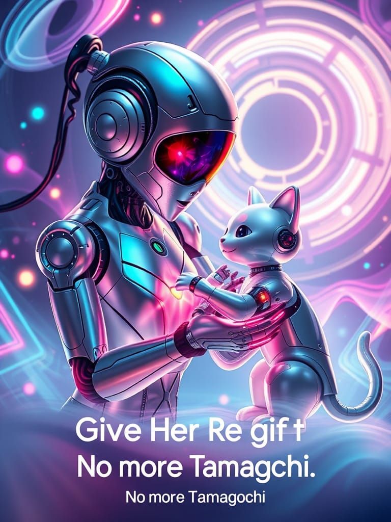 Futuristic FemBot with Robotic Pet in Neon Hologram