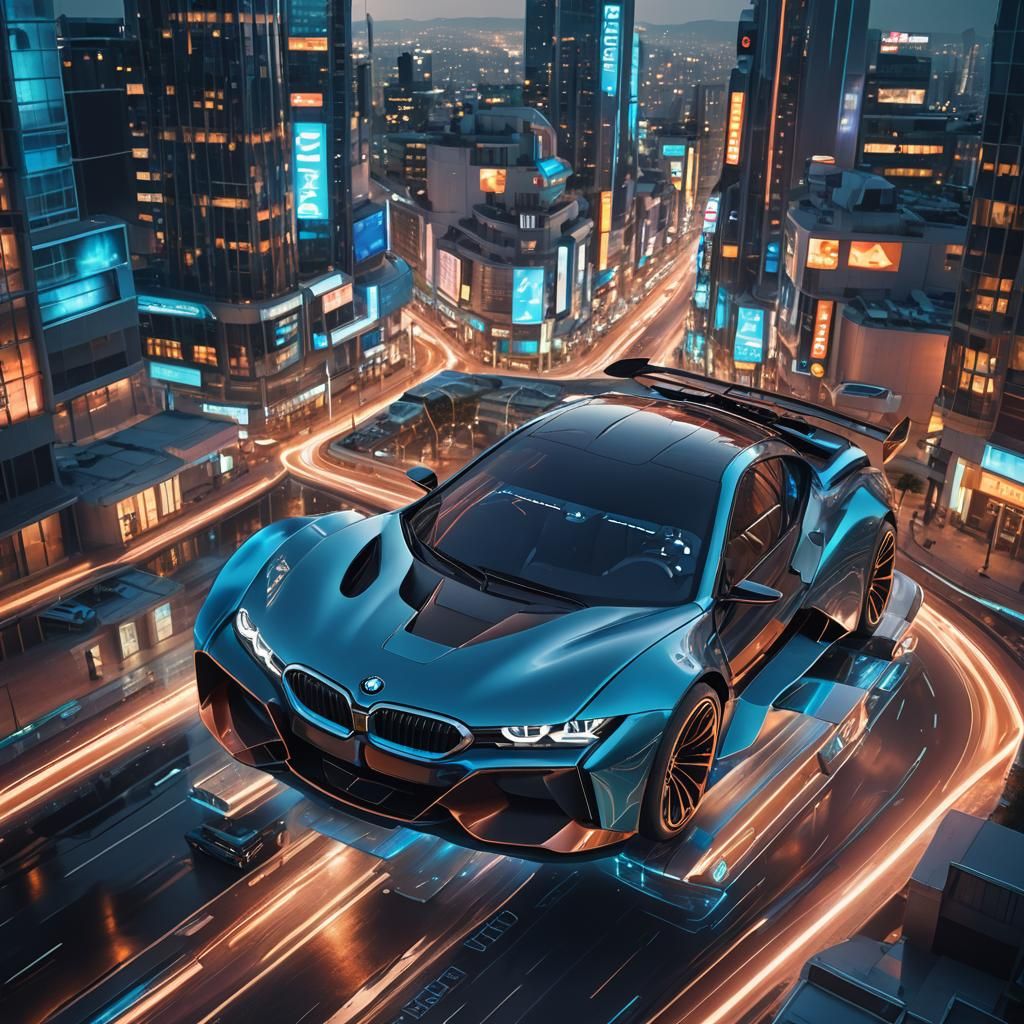 Futuristic BMW Flying Car Over Neon City
