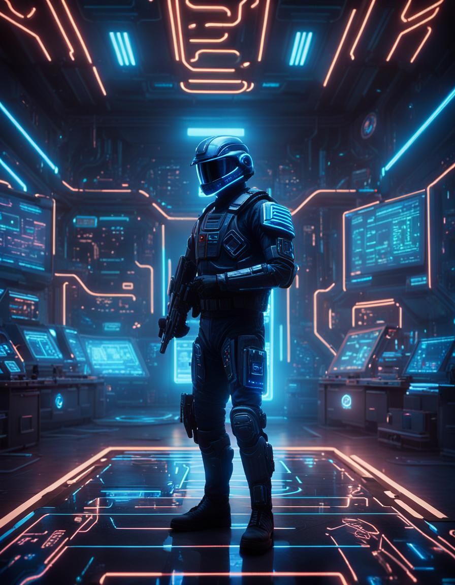 Futuristic Policeman in Neon-Lit Laboratory