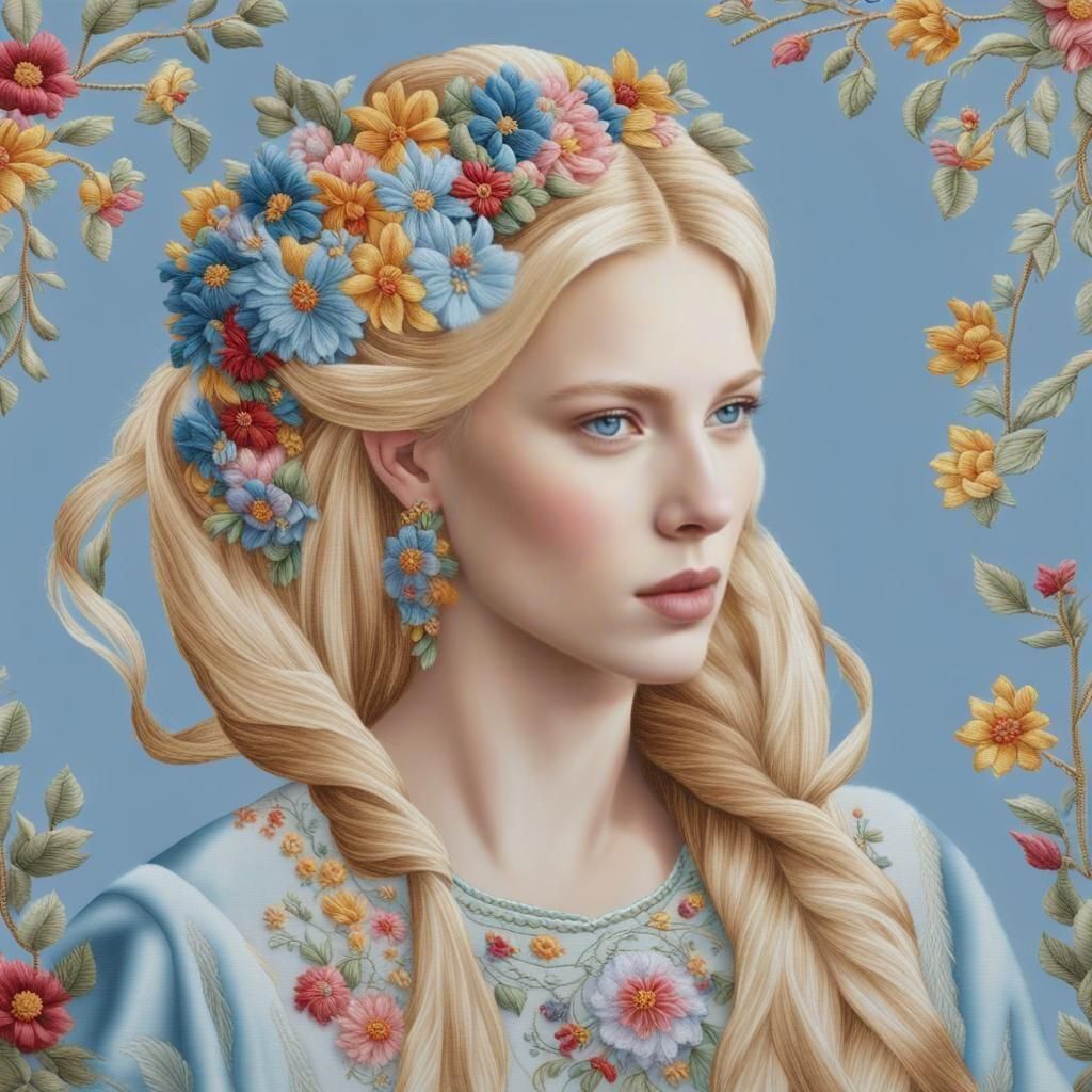 Beautiful Embroidered Portrait of Scandinavian Woman