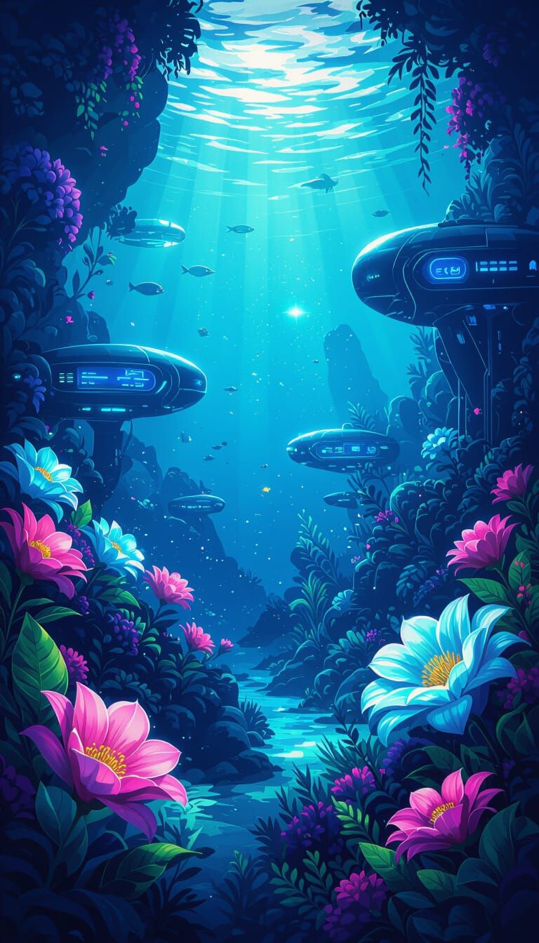 Frutiger Aero Underwater Landscape with Bioluminescent Life